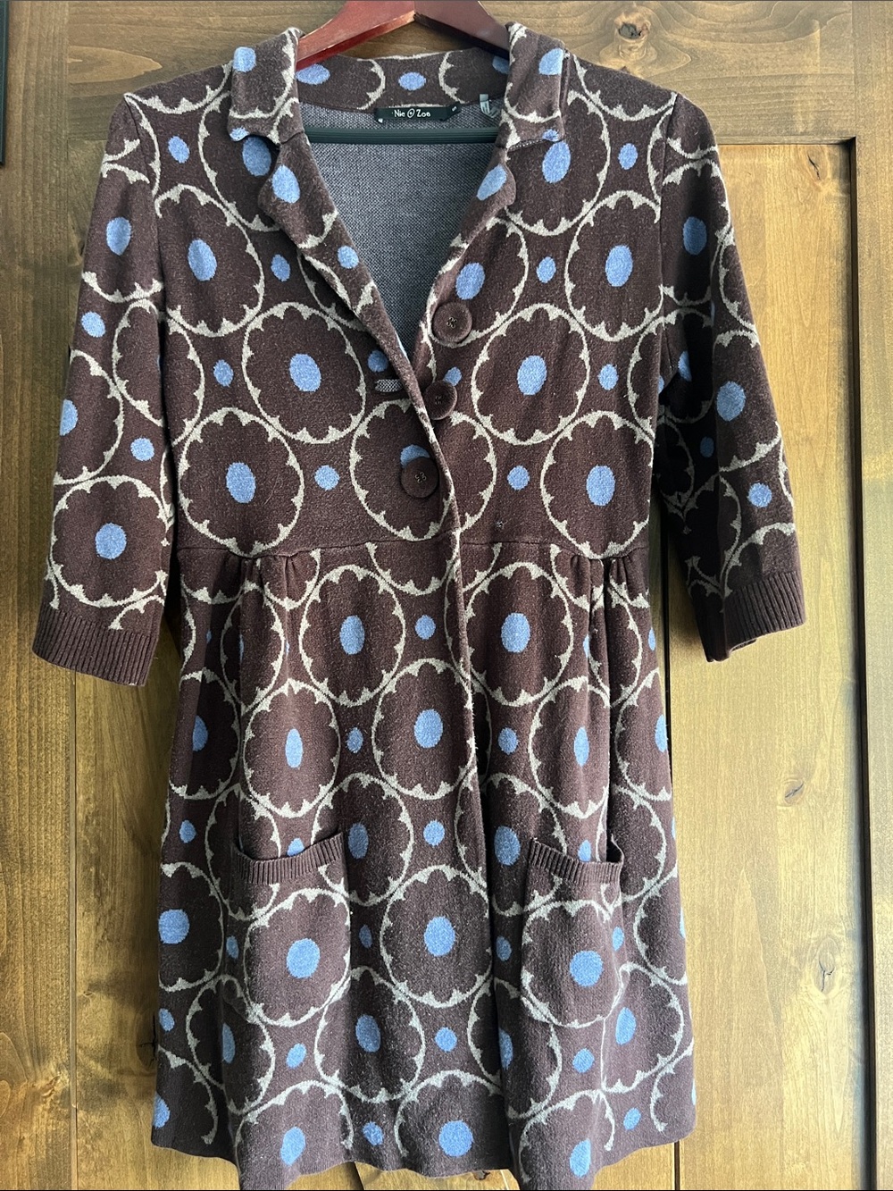 NIC+ZOE Brown Tunic Cardigan with Light Blue Dot Pattern